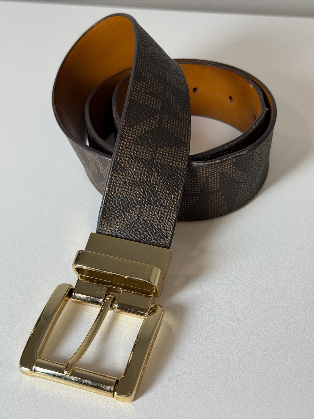 Michael Kors Men’s 34 Brown Patterned Reversible Brown Belt with Gold Buckle